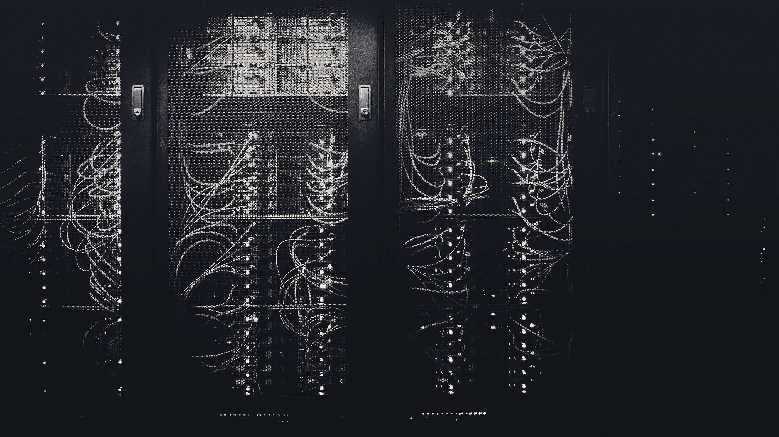 Server rack with neatly routed cables and status lights